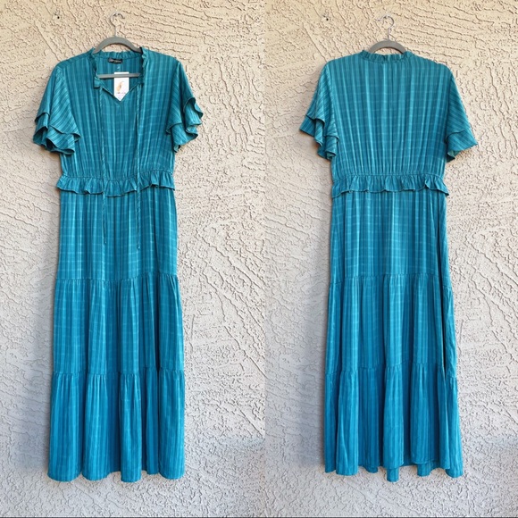 PRETTY GARDEN NWT Teal Green Subtle Striped Ruffle Flutter Sleeve Maxi Dress L - Picture 3 of 9